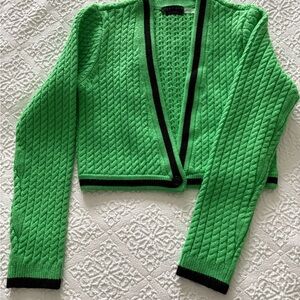 Alice + Olivia Neon Green Cable-Knit Cropped Cardigan with Black Trim